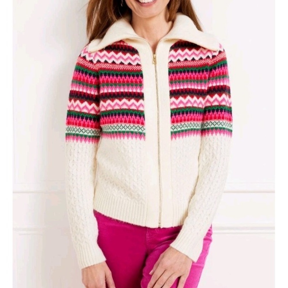 Talbot's Joyful Fair Isle Full Zip Wool Blend Cable Knit Cardigan Size L Holiday